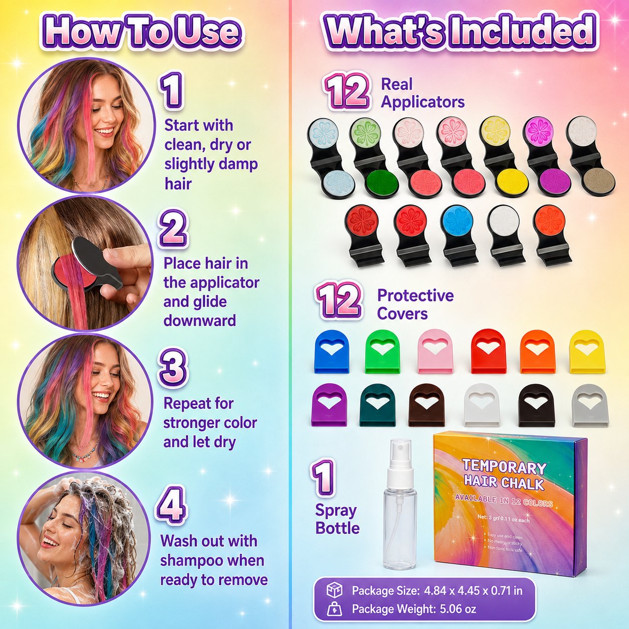 🌈 Kit de Craie Temporaire pour Cheveux — 12 Couleurs Vibrantes, Applicateur à Pince, Lavable, Sans Teinture Permanente ✨