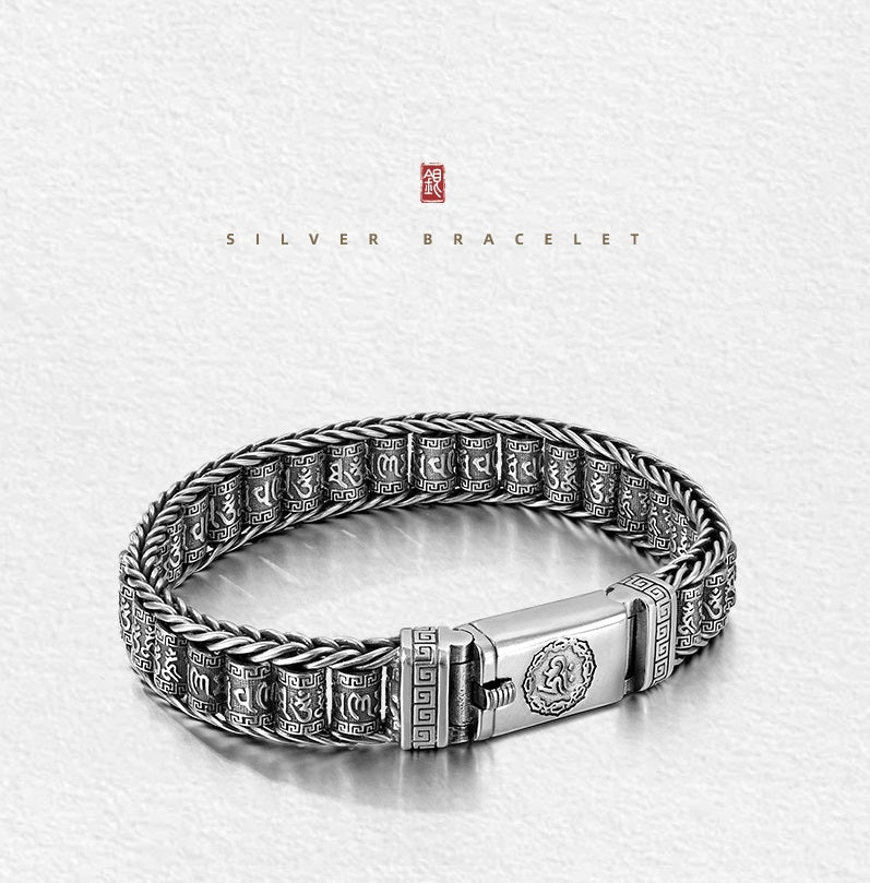 Bracelet Roue de Prière Tibétaine en Argent 925 – Porte-Bonheur Spirituel & Cadeau Élégant