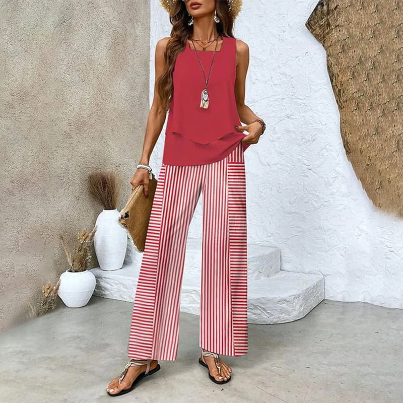 🌺Ensemble 2 pièces à imprimé tendance pour femmes - Top et pantalon sans manches