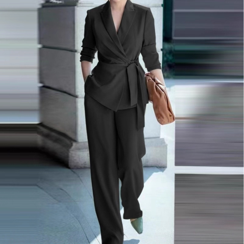💎 50% DE RÉDUCTION ! 💎 Ensemble Blazer & Pantalon Jambes Larges Femme – Ceinture Nœud, Coupe Flatteuse & Style Polyvalent 💃✨