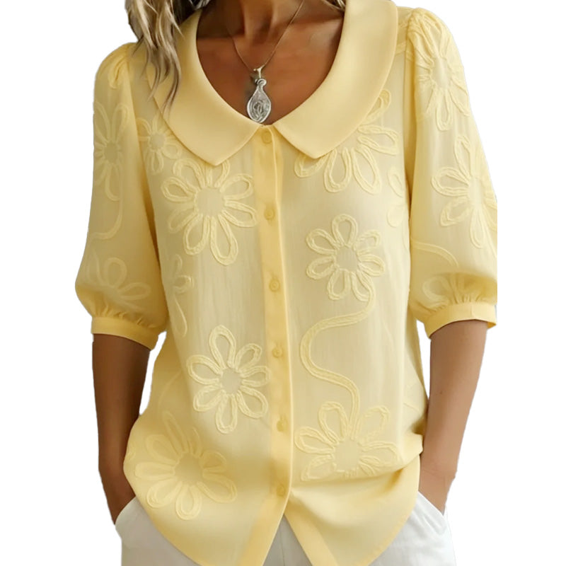 đ 50% DE RĂDUCTION â TEMPS LIMITĂ !đChemise Ă Col RĂ©tro avec Broderie Florale â Polyester LĂ©ger, Manches Mi-Longues & Coupe FĂ©minine blouseđž