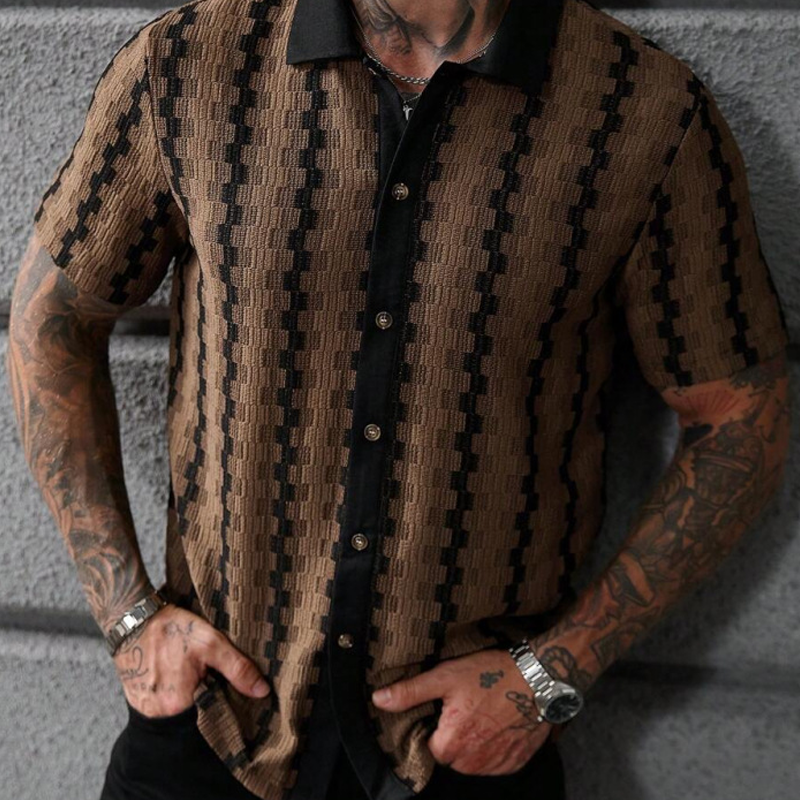 👔✨PROMO LIMITÉE -50%🍂Chemise Homme Rétro Motif Géométrique Tricoté – Respirante, Col Contrasté (Blanc/Café, S-XXL)