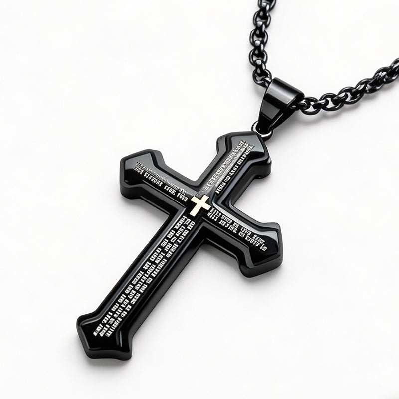 ✝️ PROMO LIMITÉE 50% DE RÉDUCTION ! ✨ Collier Croix du Notre Père pour Homme – Acier Titane, Gravure Complète & Design Superposé 🔥