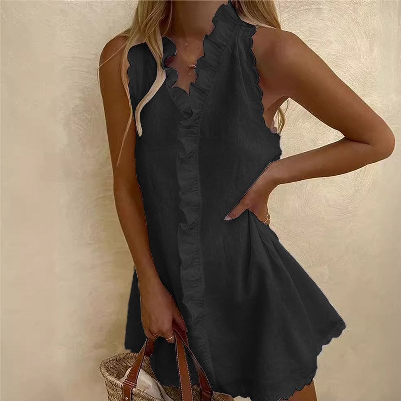 đ PROMO LIMITĂE 50% DE RĂDUCTION ! đ„ Robe Courte BoutonnĂ©e Ă Volants â Ligne A, Sans Manches, Bord DentelĂ© âš
