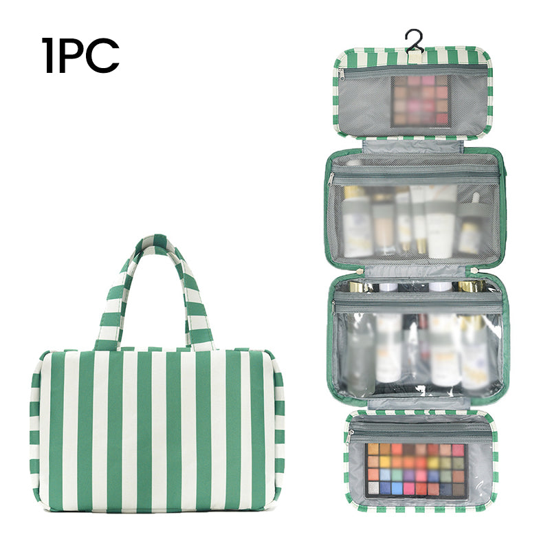🧳 PROMO LIMITÉE 50% DE RÉDUCTION ! ✨ Trousse de Toilette Suspendue à Rayures – 4 Compartiments, Imperméable, Pliable 🚿