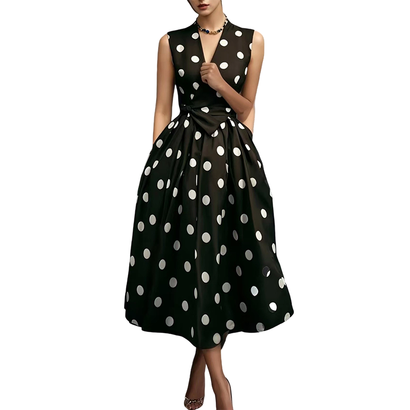 👗 PROMO LIMITÉE 50% DE RÉDUCTION ! 💥 Robe Femme Sans Manches Col V à Pois – Classique, Ceinture Ajustable, Polyvalente ✨