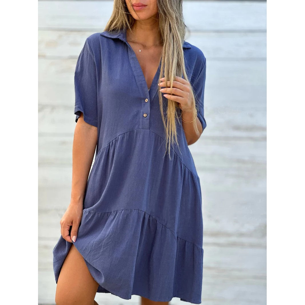 👗✨ PROMO FLASH 50% ! Robe à Boutons Couleur Unie – Col Revers, Coupe A-Ligne, Tissu Coton & Lin, Manches Courtes, Tailles S-3XL, Idéale Printemps & Été