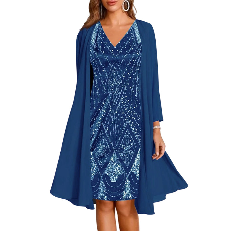 🔥Offre à durée limitée – Ensemble 2 pièces pour femme : robe imprimée à manches longues et cardigan