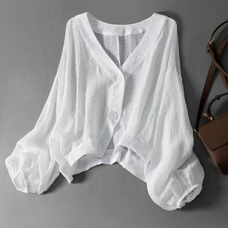 ☀️ Chemise Protection Solaire Femme – Acrylique – Décolleté V & Manches Lanternes for Été