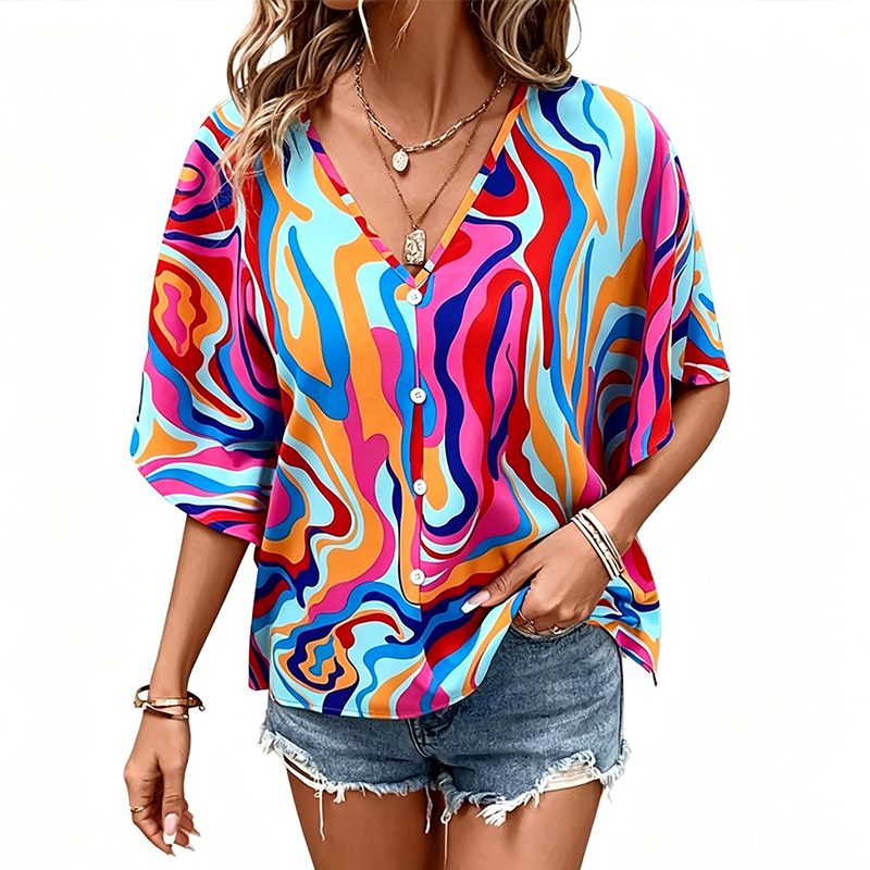 ⏰Blouse Femme Col V Imprimé Bohème Été Coupe Ample