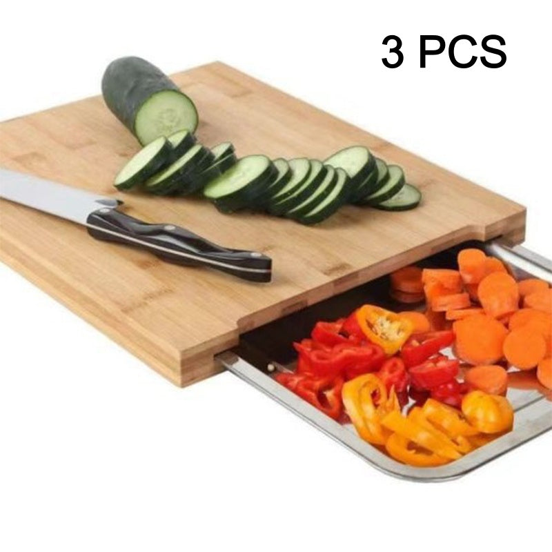 🔪 50% DE RÉDUCTION! 🥗 Planche à Découper en Bois & Acier Inoxydable – Bacs coulissants intégrés, durable & facile à nettoyer – Parfaite pour une cuisine organisée 🧑🍳