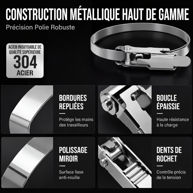 Collier de serrage en acier inoxydable robuste avec boucle à verrouillage à bascule