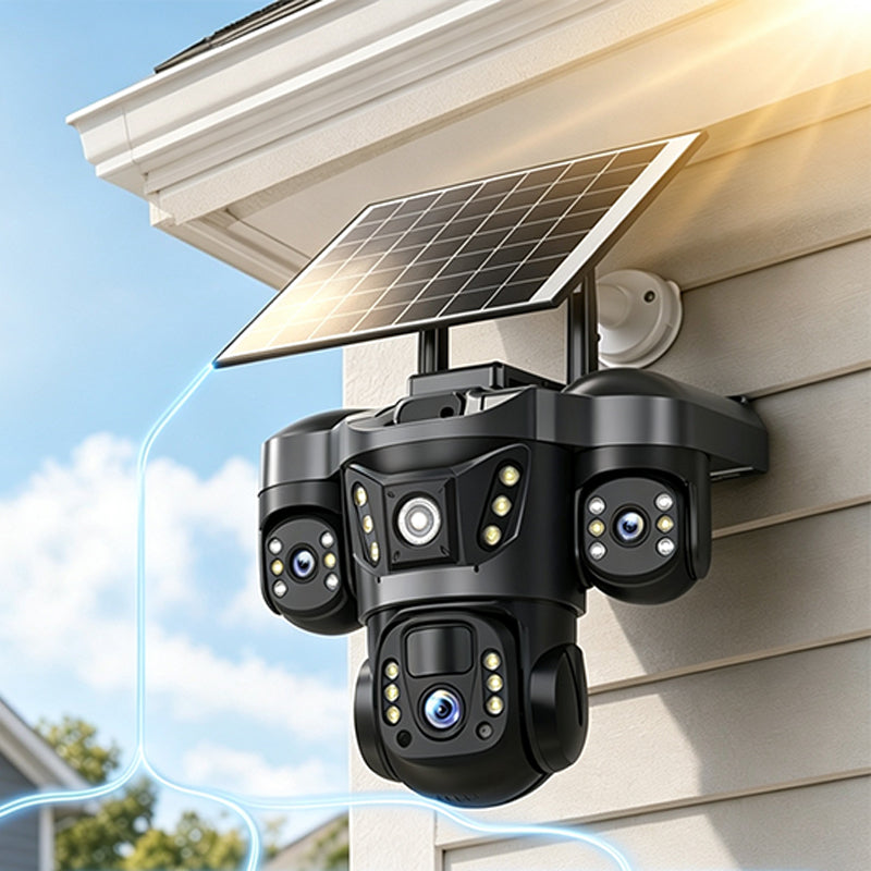 📹🔆 Caméra de sécurité solaire triple objectif – WiFi 2,4 GHz, IP67, surveillance extérieure 24h/24, un gardien autonome qui couvre chaque angle de votre maison, sans fil et sans abonnement 🏠🛡️