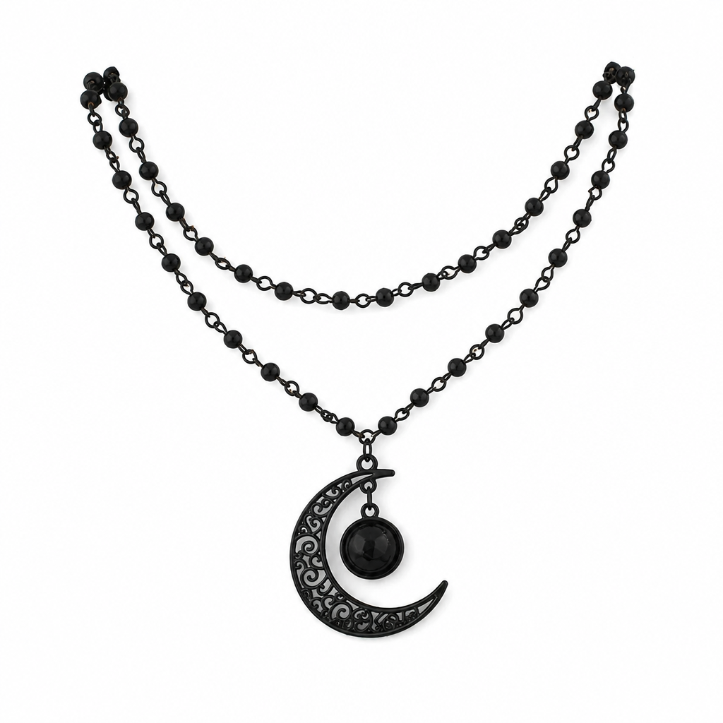 ⏳ Réduction limitée de 50 % ⏰ Collier chaîne à perles de cristal style gothique sombre avec pendentif lune évidé en alliage 🖤🌙