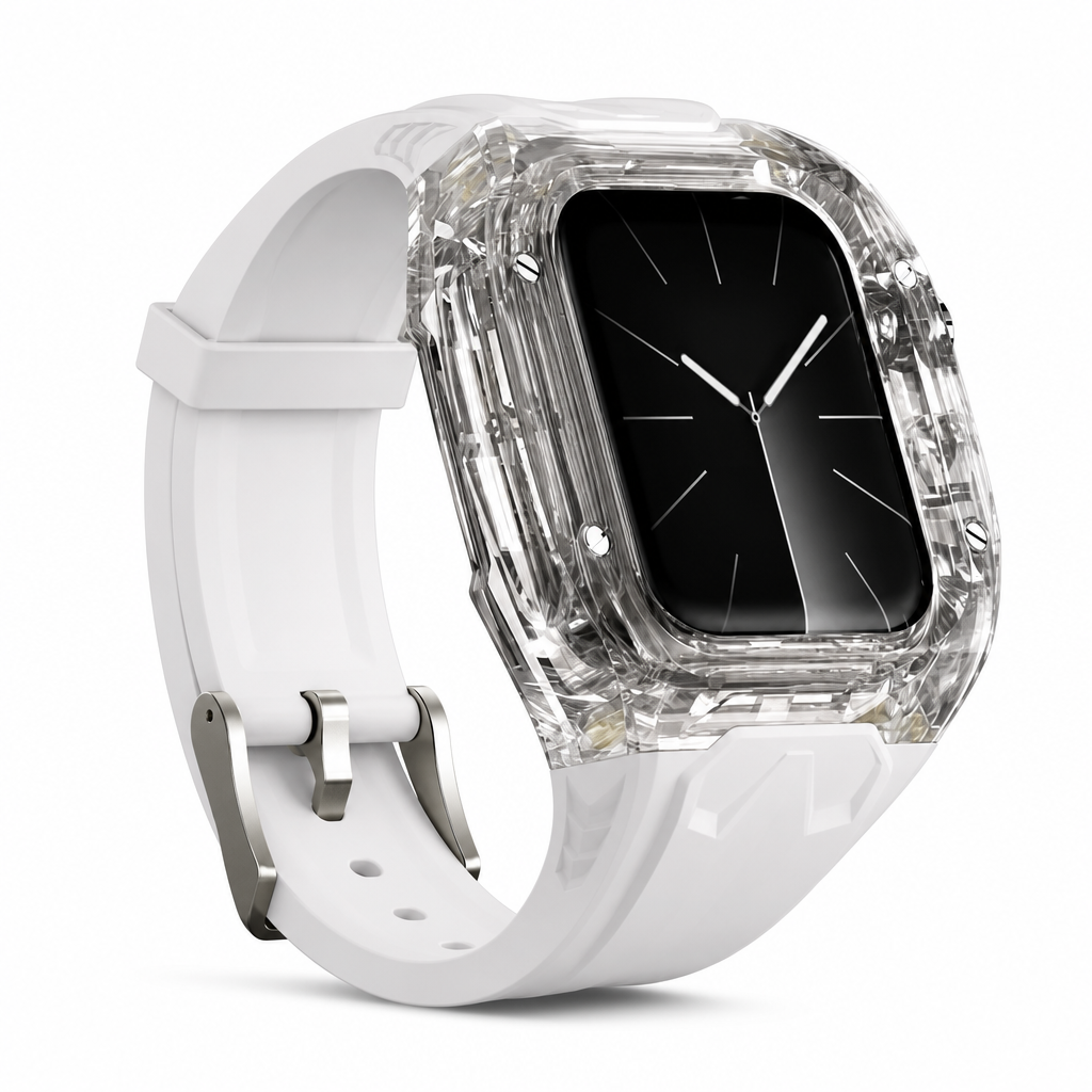 Bracelet de montre connectée intégré avec étui de protection, bracelet de sport translucide à blocs de couleurs pour montres de 40 mm, 41 mm, 42 mm, 44 mm, 45 mm, 46 mm et 49 mm