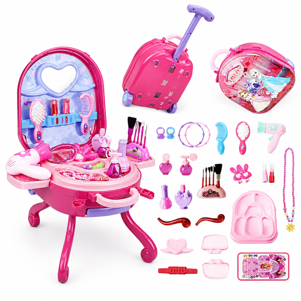 👑 Offre limitée : -50% ! 🎀 Valise vanité de maquillage 3-en-1 pour enfants – Salon avec roulette, 31 accessoires de jeu, installation facile à clips 🧳