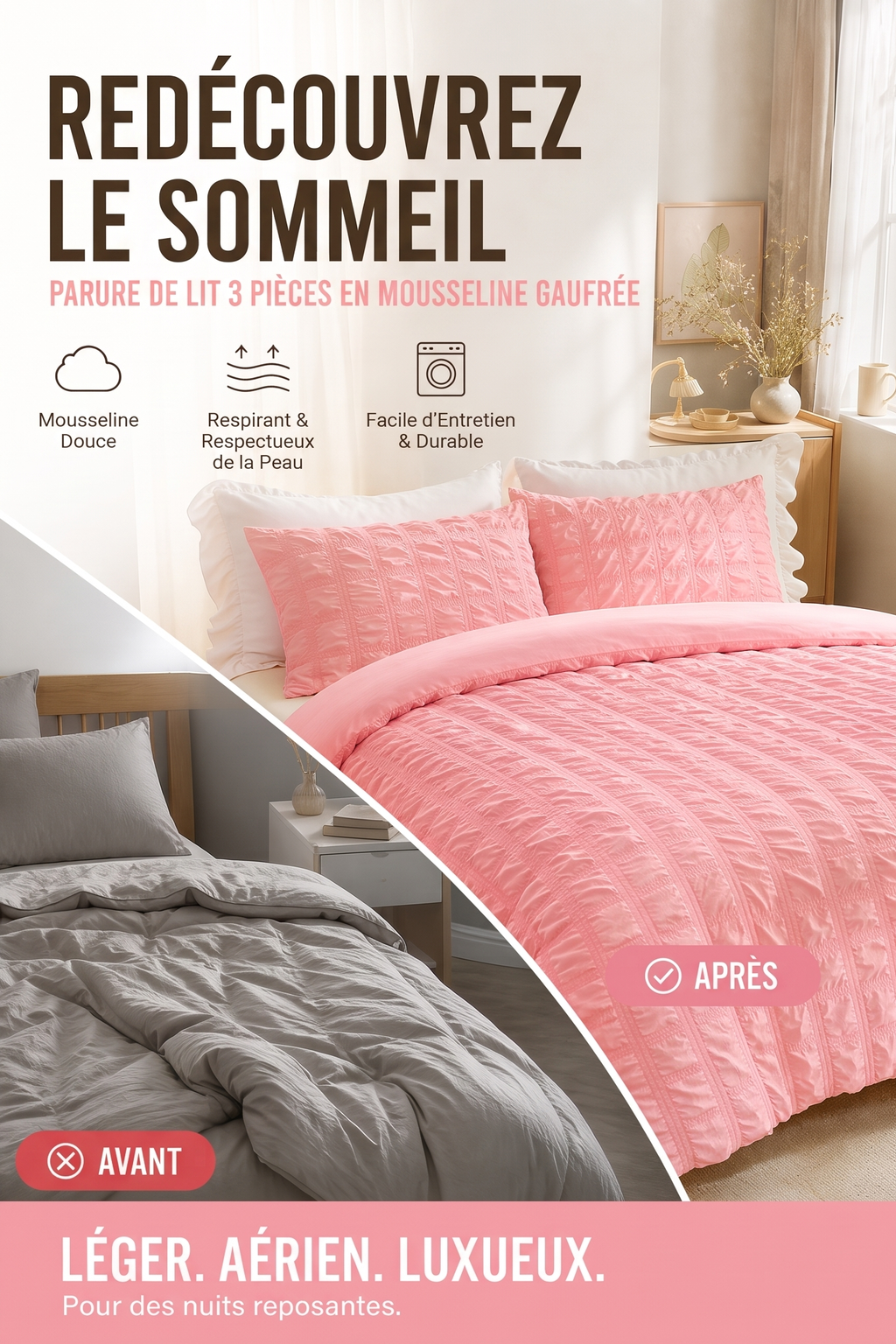 🔥 -50% 🛏️ Ensemble de housse de couette minimaliste en tissu froissé – Ensemble de linge de lit 3 pièces uni, doux et respirant pour chambre à coucher ✨