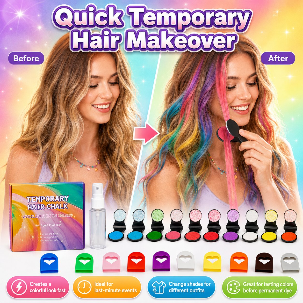 🌈 Kit de Craie Temporaire pour Cheveux — 12 Couleurs Vibrantes, Applicateur à Pince, Lavable, Sans Teinture Permanente ✨