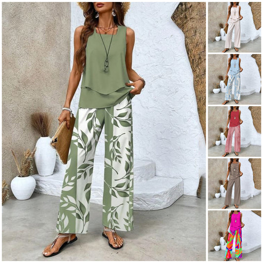 🌺Ensemble 2 pièces à imprimé tendance pour femmes - Top et pantalon sans manches