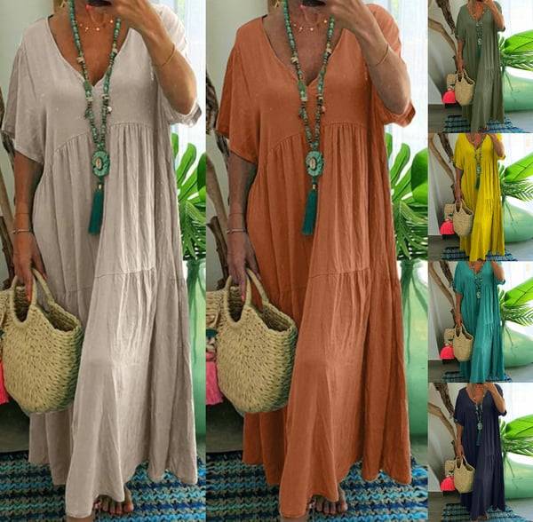 📢PROMO FLASH 50%⏰Robe Longue Décontractée Femme à Manches Courtes – Décolleté en V, Tissu Coton/Fibre, Coupe Ample, 4 Couleurs, Style Bohème & Polyvalent🌼