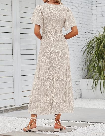 ⏰Robe longue fluide pour femme, style décontracté, à imprimé floral, manches flottantes, smockée et taille haute