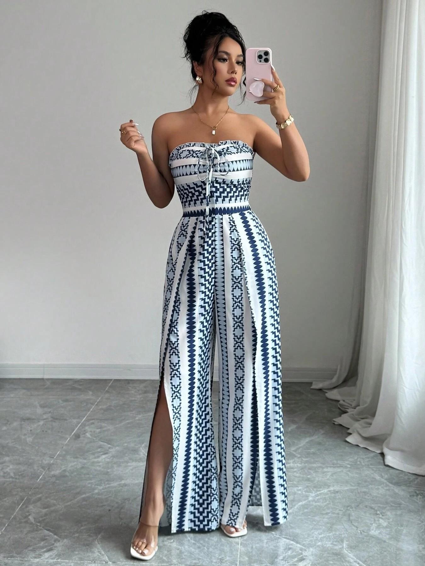 👗 50% DE RÉDUCTION 💥 Combinaison motifs géométriques – Encolure dos nu & fente latérale – Tissu fluide, polyvalente – parfaite pour les soirées ou les vacances ✨