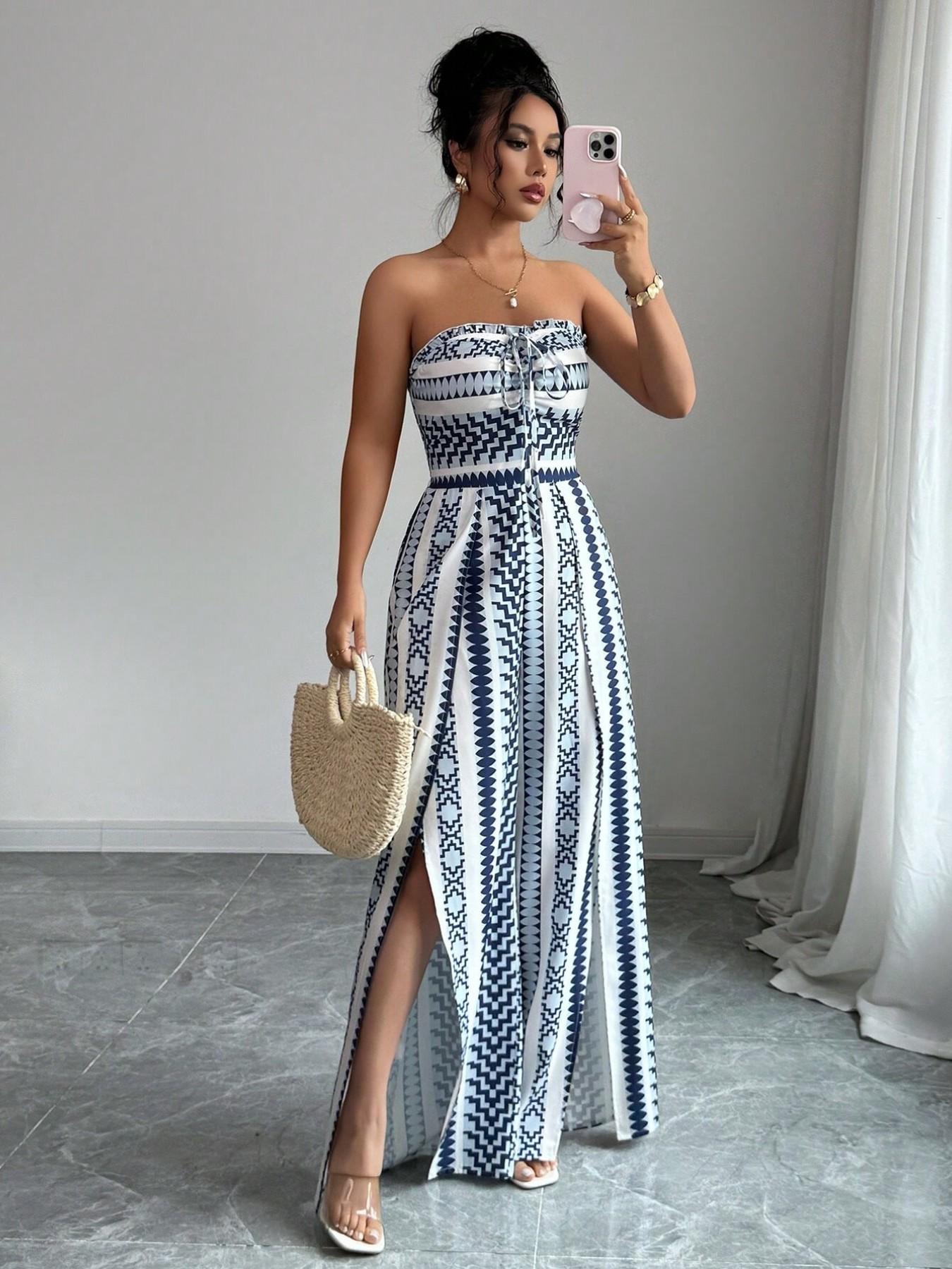 👗 50% DE RÉDUCTION 💥 Combinaison motifs géométriques – Encolure dos nu & fente latérale – Tissu fluide, polyvalente – parfaite pour les soirées ou les vacances ✨