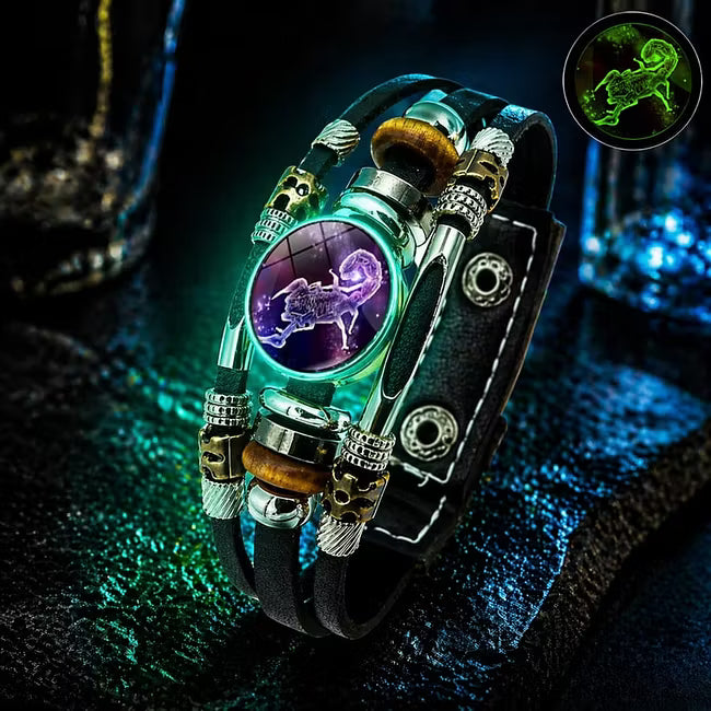 ✨ Bracelet en Cuir Phosphorescent Signe du Zodiaque — 12 Signes, Homme & Femme, 6,9 / 8,1 Pouces, Idée Cadeau 🌙