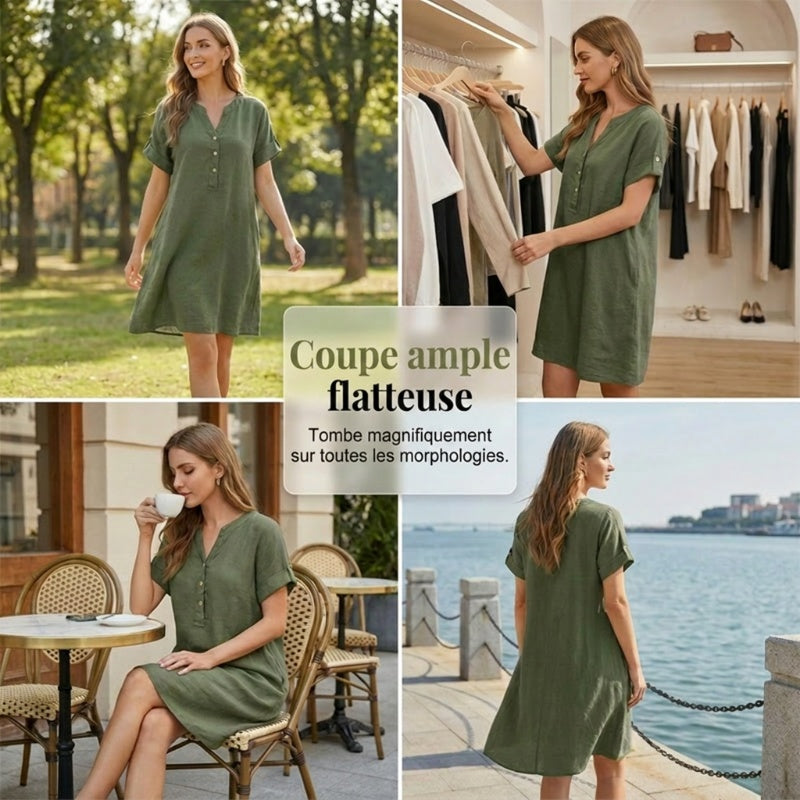🍂OFFRE LIMITÉE 50% DE RÉDUCTION🌸Robe Tunique Indispensable à Col V avec Poches – Mélange de Coton Doux, Facile d’Entretien, Poches des Deux Côtés – Un Basique de Garde-Robe pour Printemps, Été et Superposition en Automne 🧥🧣