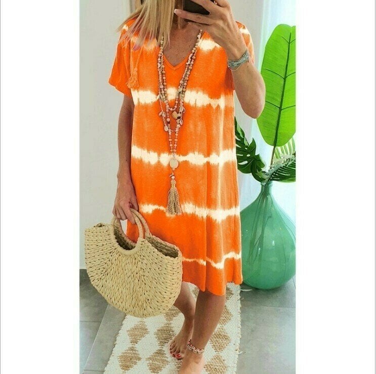 👗PROMO FLASH 50%🌊Robe-T-Shirt Ample Rayée Tie-Dye – Coton Doux, Col V, Manches Courtes, Tailles S-5XL, Idéale Été & Plage✨☀️