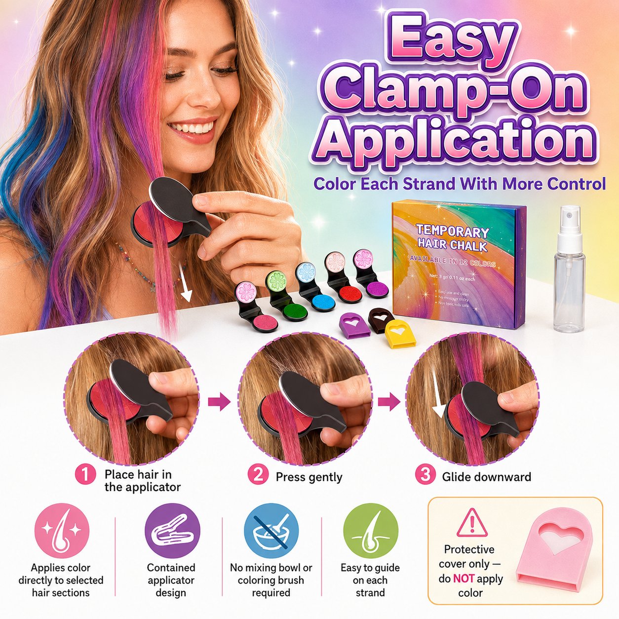 🌈 Kit de Craie Temporaire pour Cheveux — 12 Couleurs Vibrantes, Applicateur à Pince, Lavable, Sans Teinture Permanente ✨