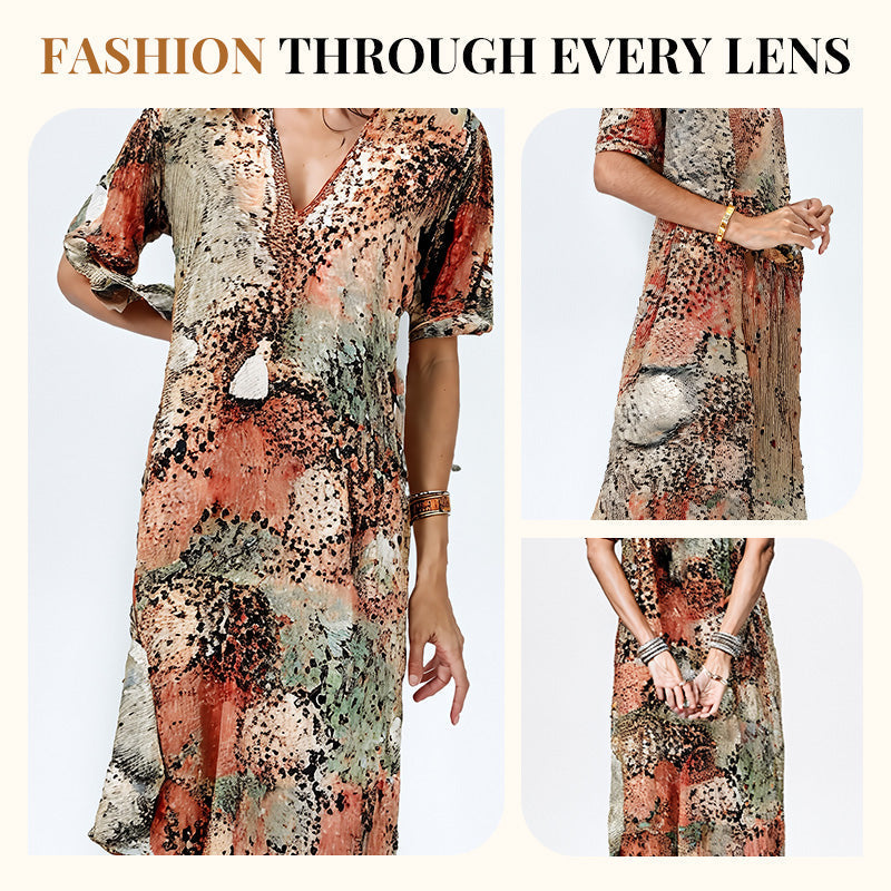 🔥Robe Midi Léopard Femme à Col en V 🐆 Style Safari Décontracté avec Poches pour le Quotidien & les Loisirs