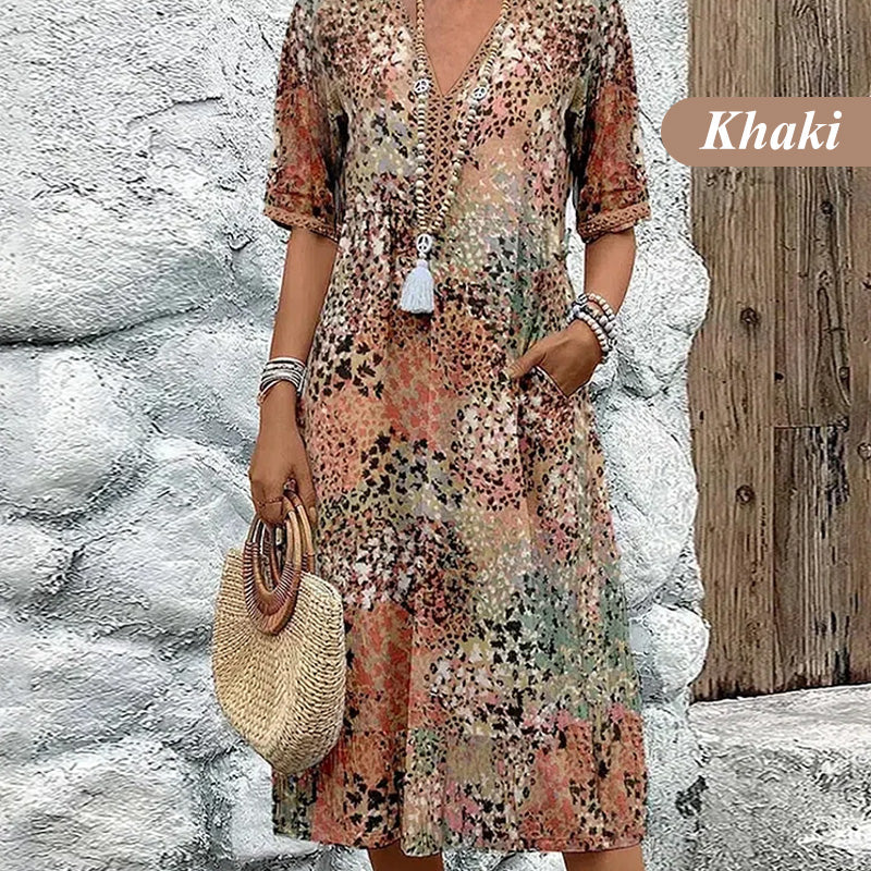 🔥Robe Midi Léopard Femme à Col en V 🐆 Style Safari Décontracté avec Poches pour le Quotidien & les Loisirs