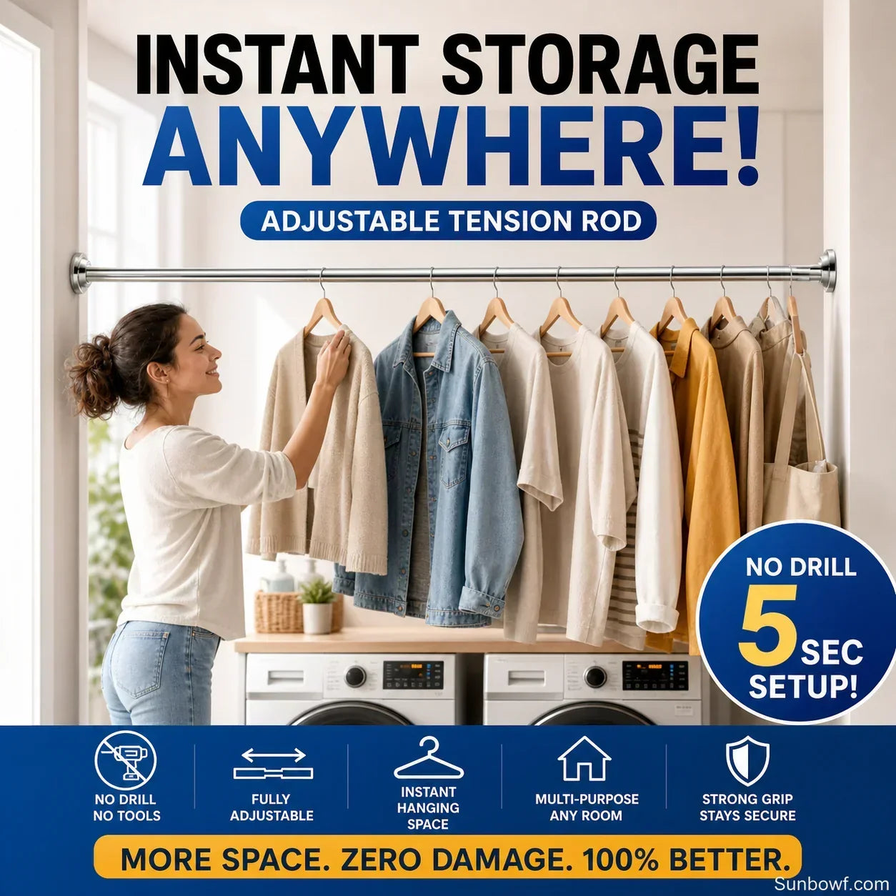 🔧 50 % DE RÉDUCTION EN CE MOMENT ! 📏 Tringle réglable sans perçage – Montage sans outils, fixation solide et polyvalente – Crée instantanément un espace de rangement partout et à tout moment 🏠