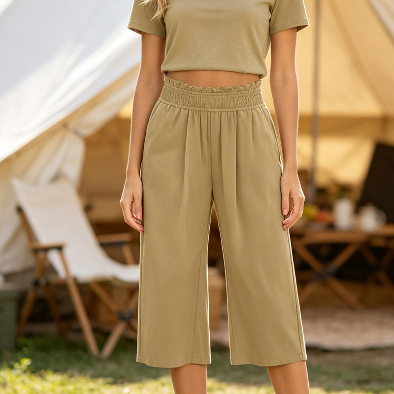 📢📢-50% !! ⏰ Pantalon Capri Femme Taille Haute À Jambe Large en Lin Élastique Smocké
