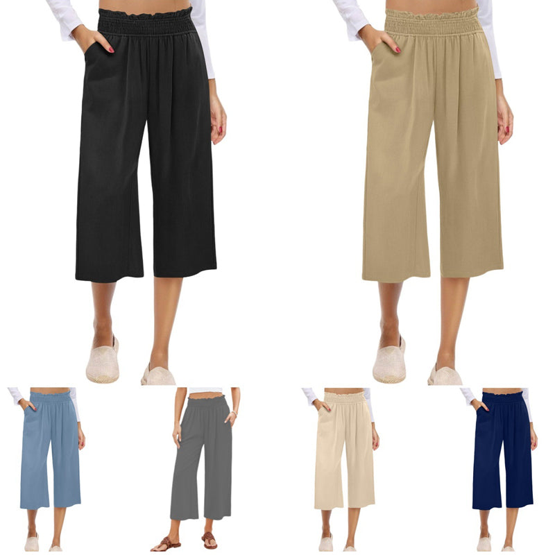 📢📢-50% !! ⏰ Pantalon Capri Femme Taille Haute À Jambe Large en Lin Élastique Smocké