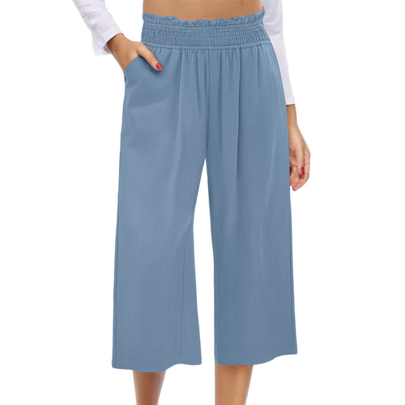 📢📢-50% !! ⏰ Pantalon Capri Femme Taille Haute À Jambe Large en Lin Élastique Smocké