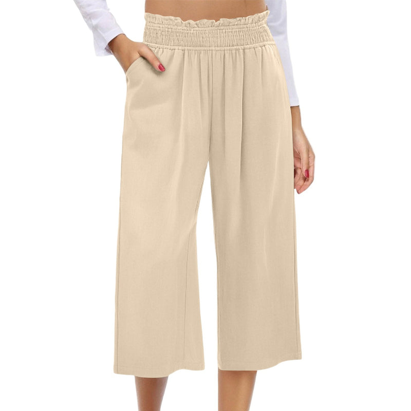 📢📢-50% !! ⏰ Pantalon Capri Femme Taille Haute À Jambe Large en Lin Élastique Smocké