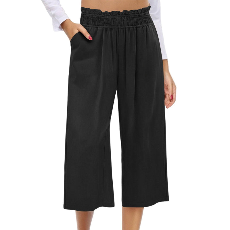 📢📢-50% !! ⏰ Pantalon Capri Femme Taille Haute À Jambe Large en Lin Élastique Smocké