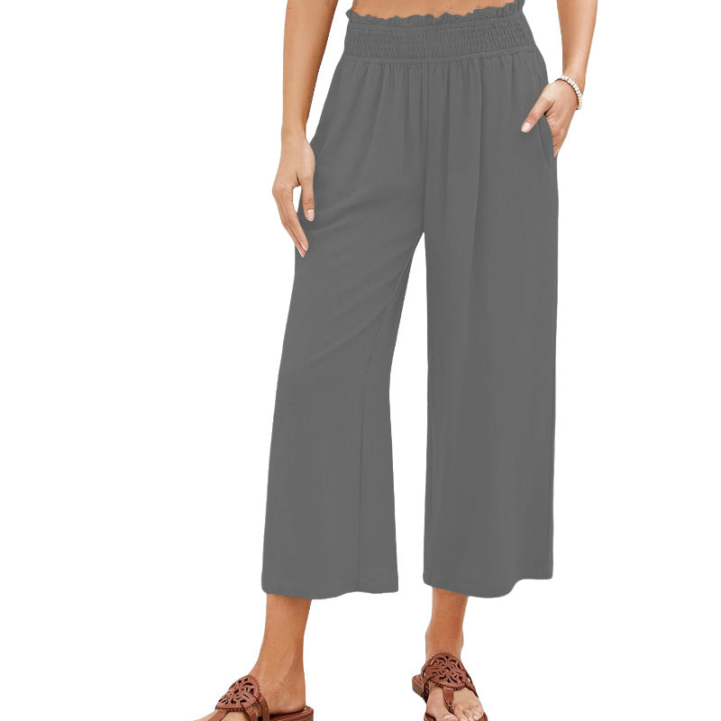 📢📢-50% !! ⏰ Pantalon Capri Femme Taille Haute À Jambe Large en Lin Élastique Smocké