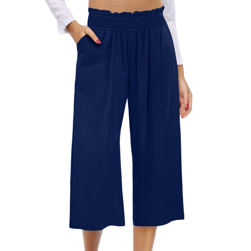 📢📢-50% !! ⏰ Pantalon Capri Femme Taille Haute À Jambe Large en Lin Élastique Smocké