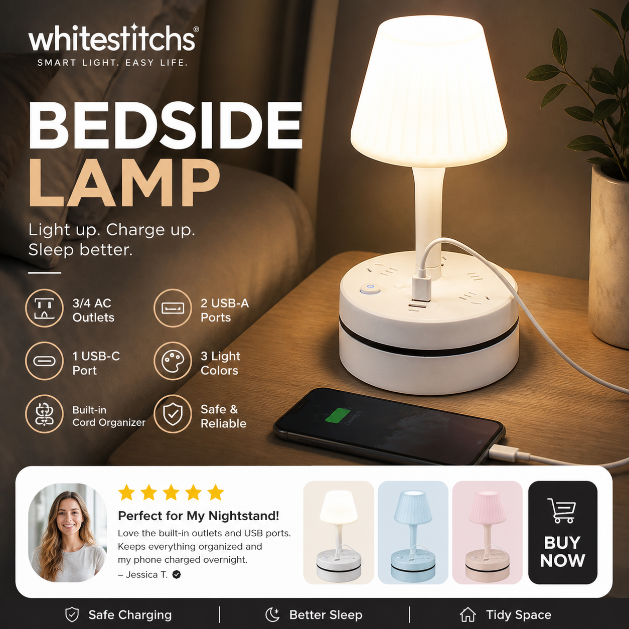 💡Lampe de chevet avec prises USB et secteur,3/4 prises secteur, 2 ports USB, 1 port Type-C. ⭐🏠