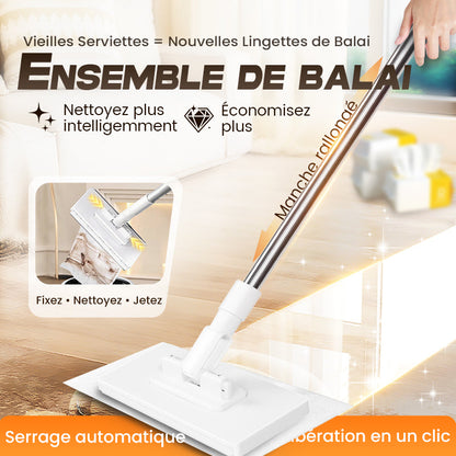 🧹Serpillère Réutilisable – Pince Biomimétique Auto-Serrante, Manche Télescopique 100 cm, Rotation 360° & Écologique (Multi-Surfaces) !