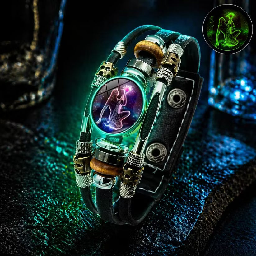✨ Bracelet en Cuir Phosphorescent Signe du Zodiaque — 12 Signes, Homme & Femme, 6,9 / 8,1 Pouces, Idée Cadeau 🌙