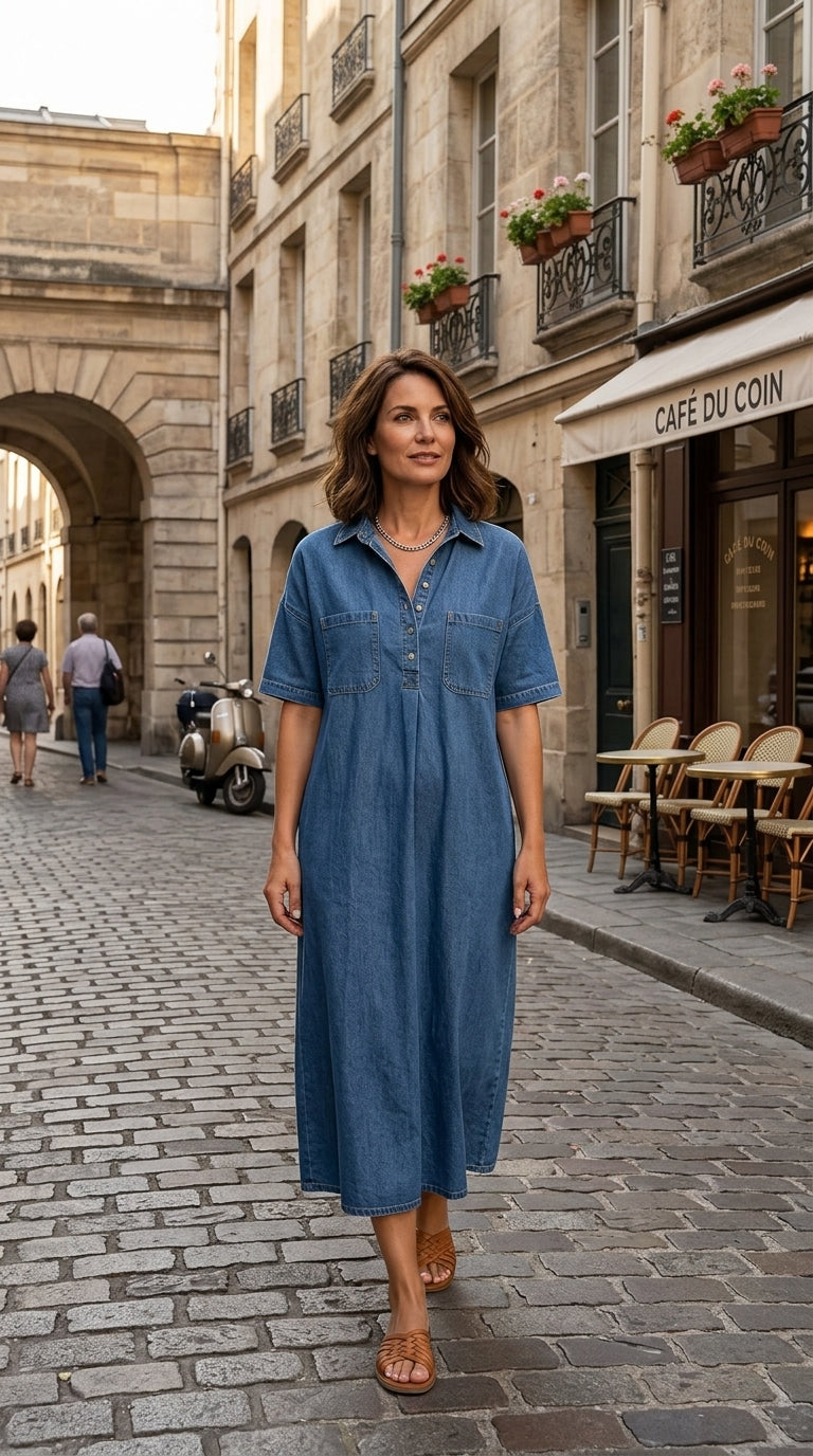 👗🔥Robe-Chemise Midi Jean Femme Poches – Tissu Structuré Non Collant Coupe Oversize Flatteuse Toutes Morphologies S-3XL, Col V Ajustable Manches Courtes Élégance Quotidienne, Légère Respirante✨