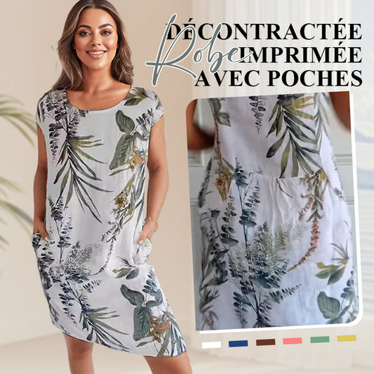 🍀Robe à Col Rond à Imprimé Botanique – Vente de Printemps – Tissu Léger, Motif Naturel & Coupe Décontractée🌸
