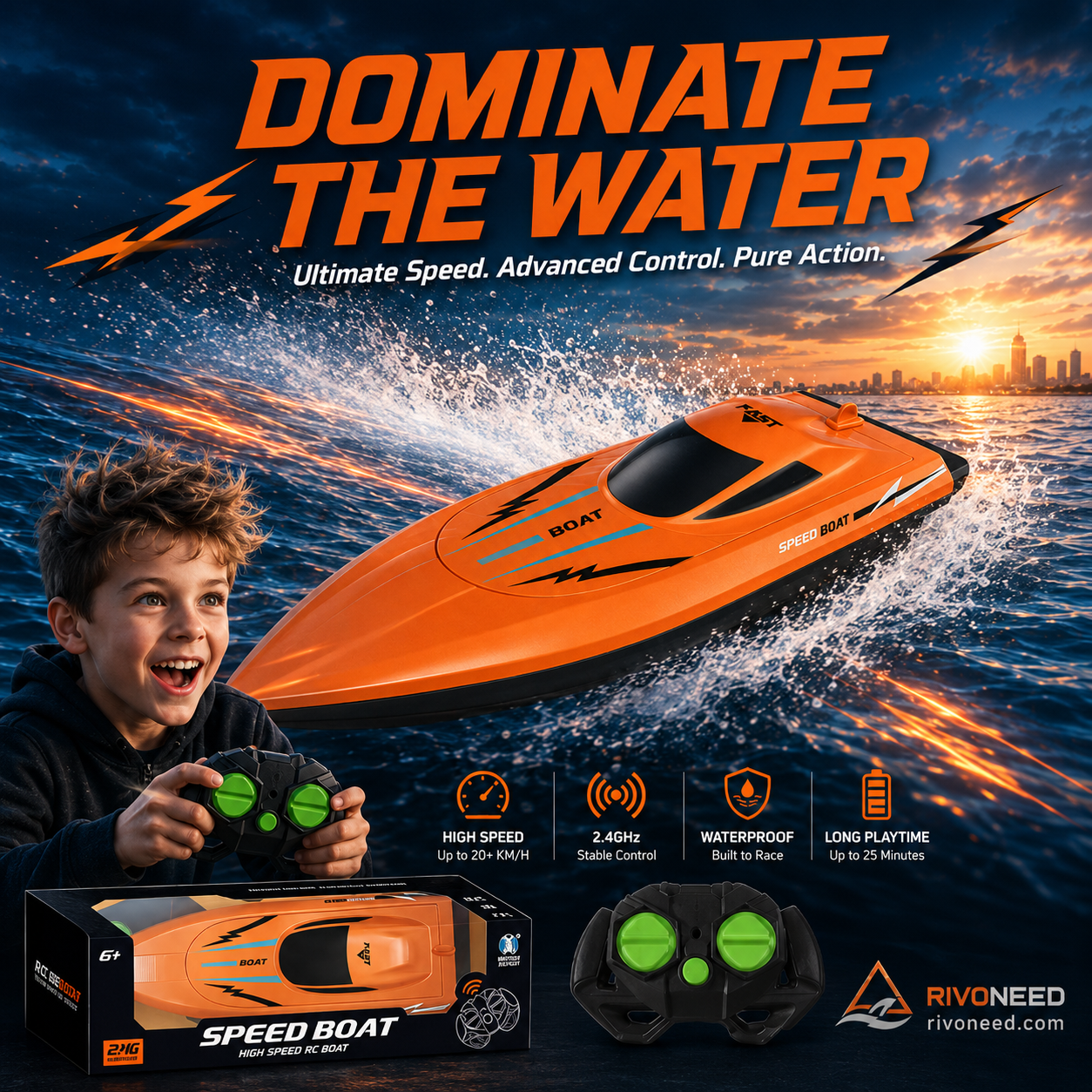🎮PROMO FLASH 50%🚢Bateau Radiocommandé Haute Vitesse 2.4GHz – Double Moteur, Coque Étanche, 2 Couleurs, 27cm, Parfait pour Piscine & Lac⚡