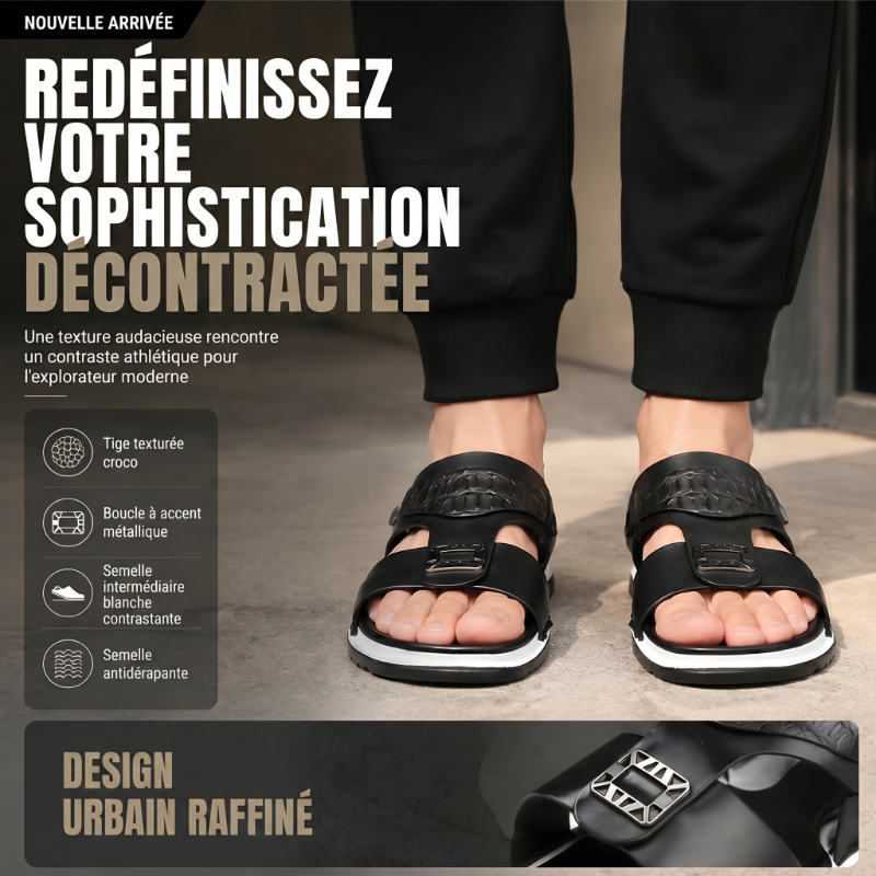 👞PROMO FLASH 50%🏖️Sandales Slip-On Homme Simili Cuir – 2 Textures, Semelle Anti-Dérapante, 3 Couleurs, Pointures 39-48, Respirantes, Rembourrées✨