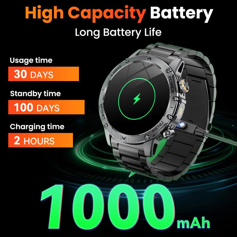 Montre Connectée Style Militaire pour Homme – Écran AMOLED 1,7", Batterie 1100 mAh, Étanche IP68, 110+ Modes Sport