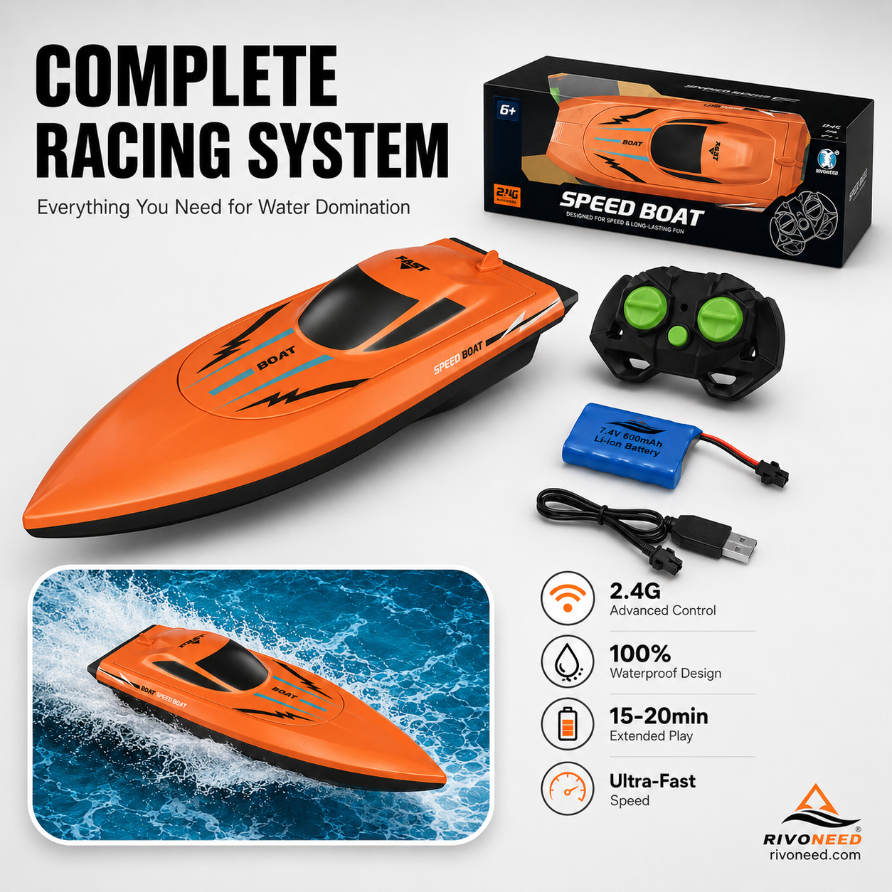 🎮PROMO FLASH 50%🚢Bateau Radiocommandé Haute Vitesse 2.4GHz – Double Moteur, Coque Étanche, 2 Couleurs, 27cm, Parfait pour Piscine & Lac⚡